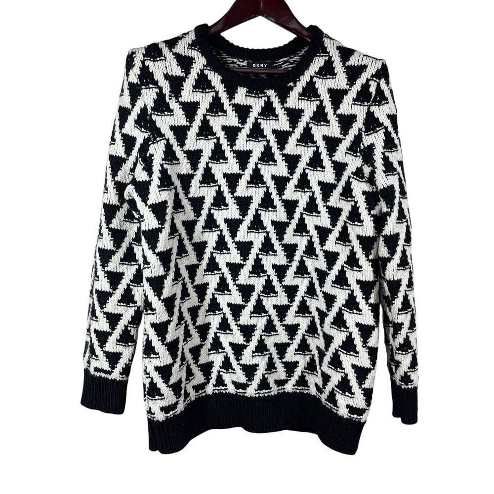 DKNY Triangle Stitch Sweater Mens L Black &‎ White Wool Blend Chunky Knit Cozy
